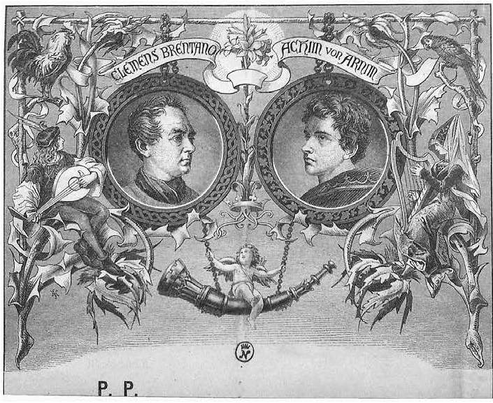 Briefpapier nach zeitgenössischen Porträts Brentanos und Arnims sowie Motiven der Wunderhorn-Titelkupfer (historisches museum frankfurt)